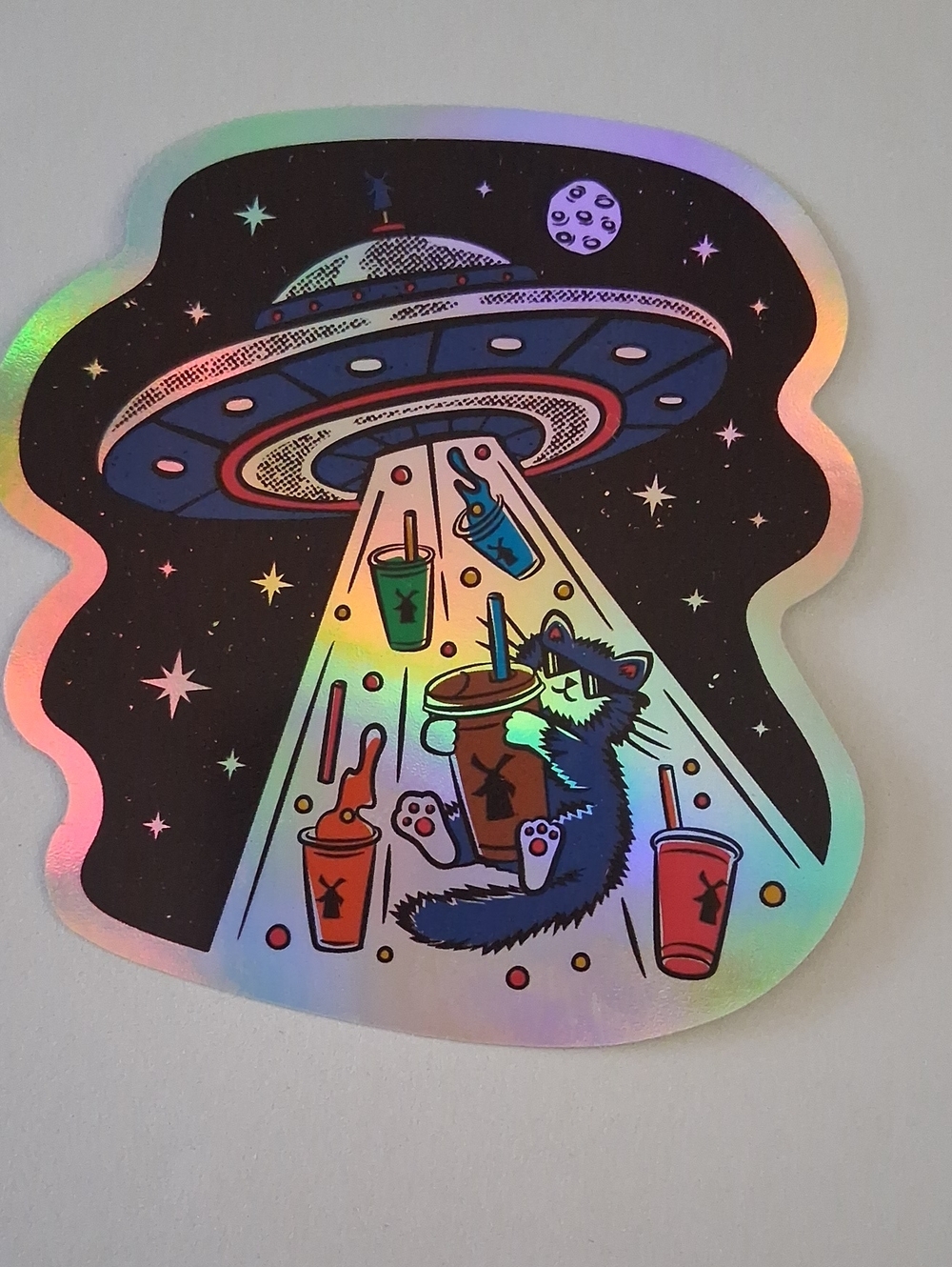 Dutch Bros Holographic UFO Cat Sticker - Iridescent Space Design